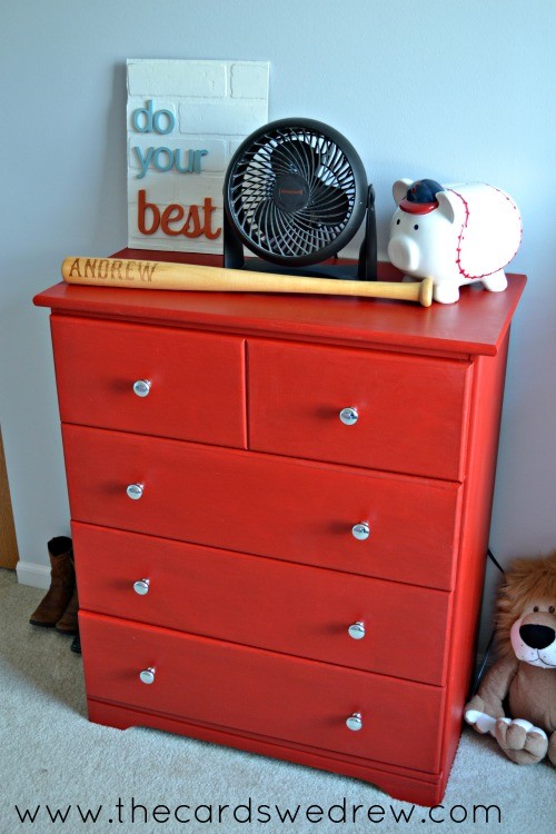 Finished red chalk paint dresser from The Cards We Drew