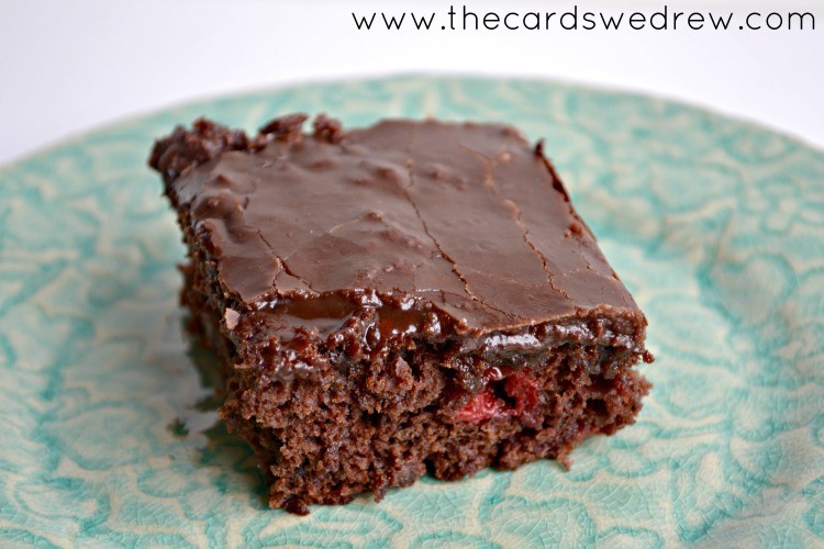 chocolate cherry dump cake slice from the cards we drew