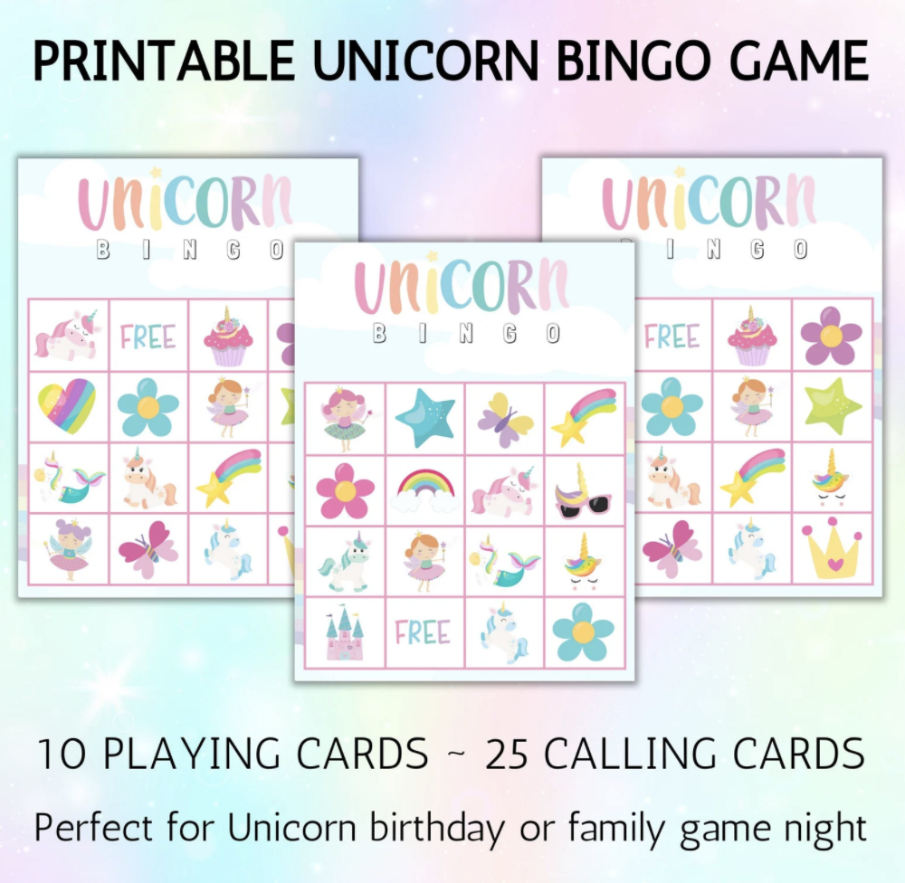 Printable unicorn bingo game