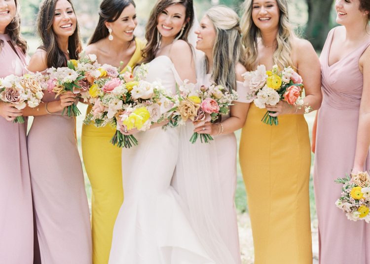 purple yellow and pink bridesmaid dresses