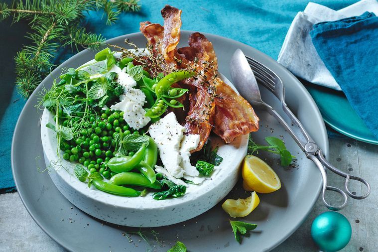 roasted bacon with buttered peas
